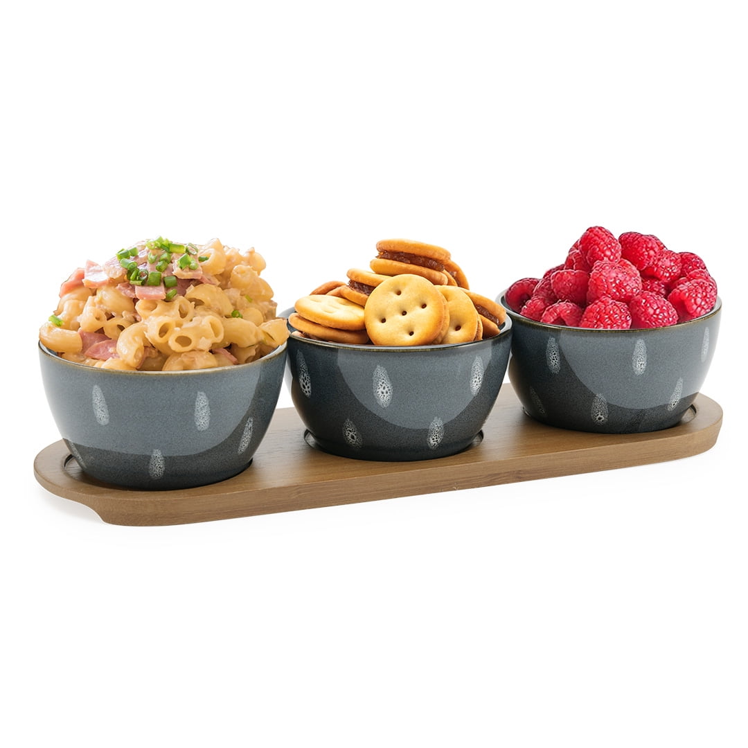 Blue Ceramic Snack Bowls with Bamboo Tray, 4-Piece Set
