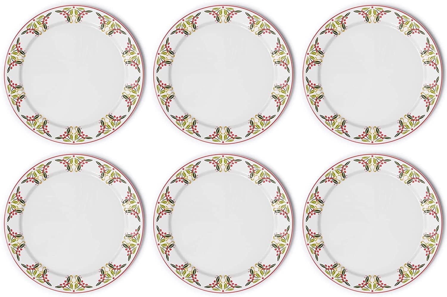 American Atelier Bargello 10-inch Holiday Plates (Set of 6) - Mistletoe & Holly Berry Ceramic Plates, Holiday Themed Dinnerware - Dishwasher & Microwave Safe Decorative Holiday Plates