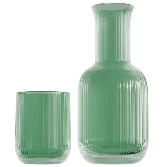 American Atelier 28 oz Bedside Water Carafe with Tumbler – 9" Ribbed Glass Pitcher with Cup Lid for Nightstand, Guest Room, Office, Bathroom, Stylish & Functional Drinkware (Green)