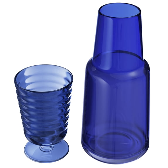 American Atelier Bedside Water Carafe with Tumbler Pitcher and Footed Drinking Glass, Use Cup as Lid for Carafe For Guest Room, Nightstand, Office, or Gif,Navy 32 Oz