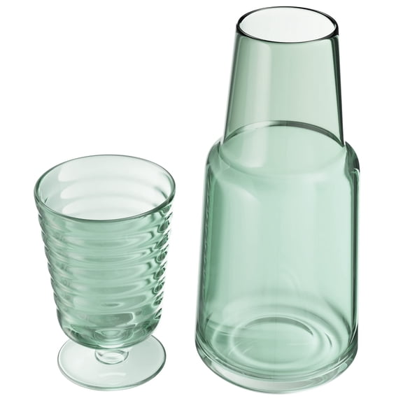 American Atelier Bedside Water Carafe with Tumbler Pitcher and Footed Drinking Glass, Use Cup as a Lid for Carafe, For Guest Room, Nightstand, Office, or Gift, Green 32 Oz