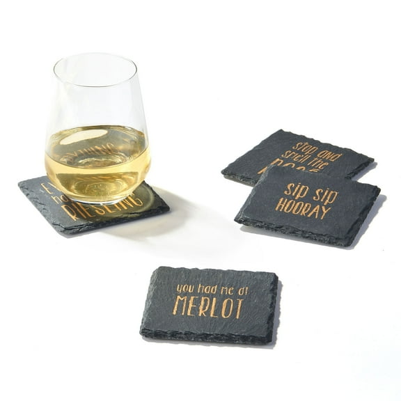 American Atelier, Black and Gold, Square Slate Coasters for Drinks (Sip Sip Hooray), Set of 4