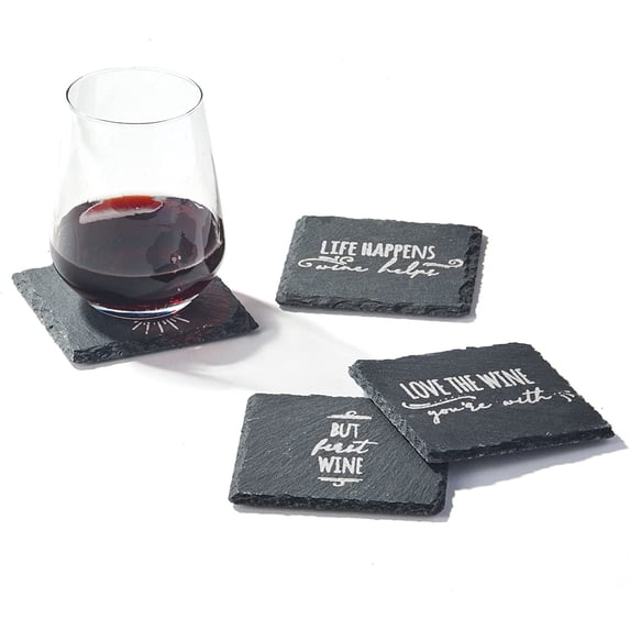 American Atelier, Black and Silver, Square Slate Coasters for Drinks (Life Happens Wine Helps), 4 Pc
