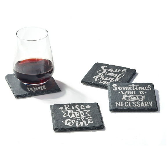 American Atelier, Black and Silver, Square Slate Word Drink Coasters (Wine Is Necessary), Set of 4