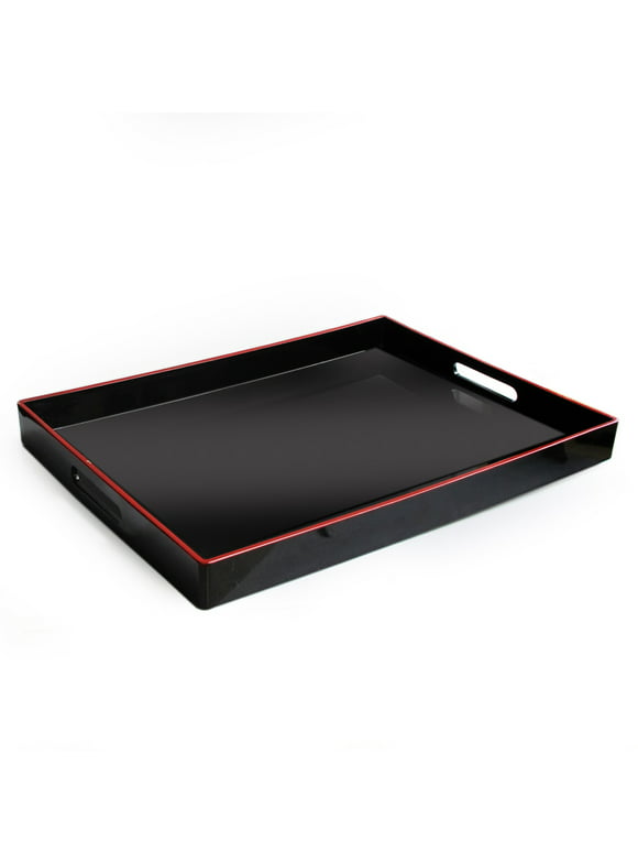American Atelier, Black with Red Rim, Polypropylene Rectangular Serving Tray with Handles, 14x19"