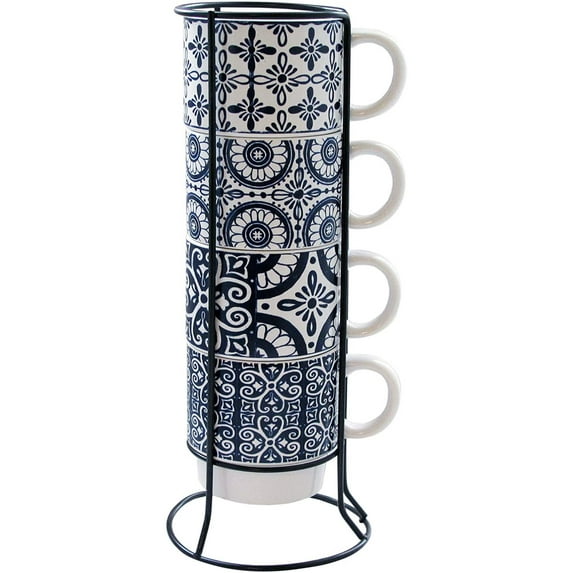 American Atelier Ceramic 4 Mugs with Standing Metal Rack Set, Blue Medallions