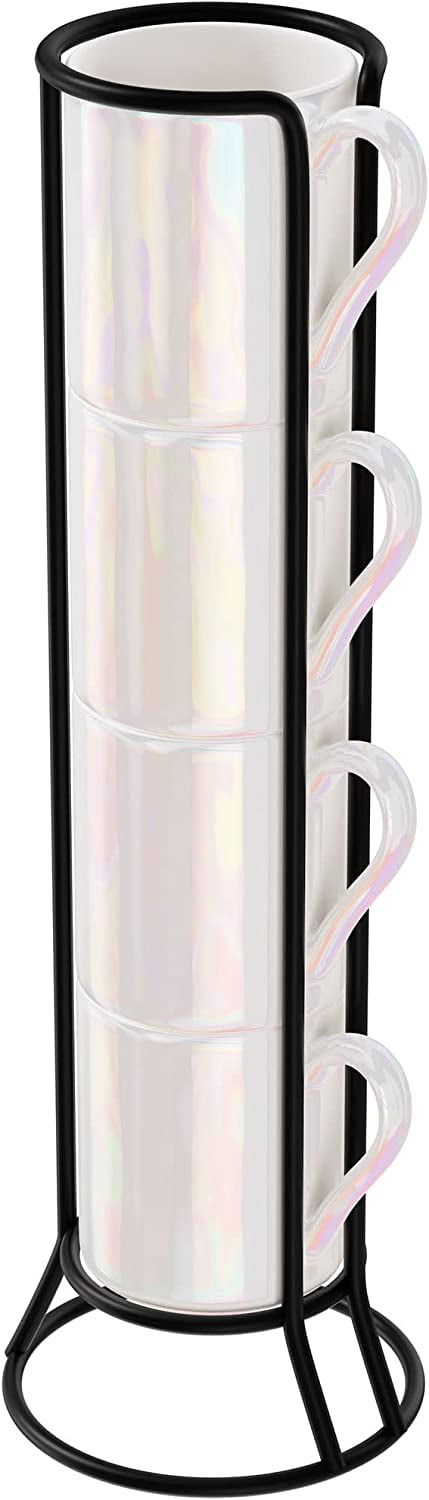 Pearlized White Ceramic Mini Espresso Cups Set with Black Metal Stand