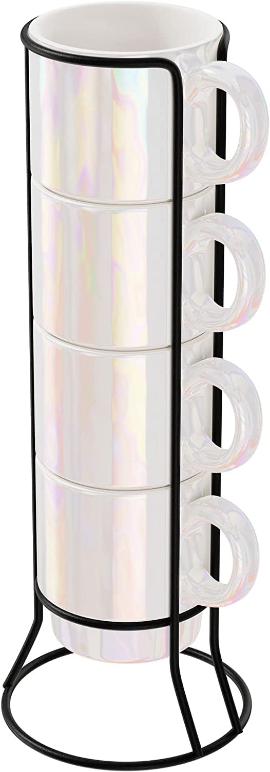 Pearlized Ceramic Mug Set with Black Metal Rack, 14 oz, 4-Piece