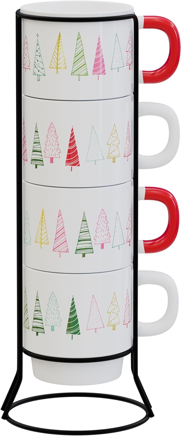 Christmas Ceramic Mug Set with Red Handles and Metal Rack
