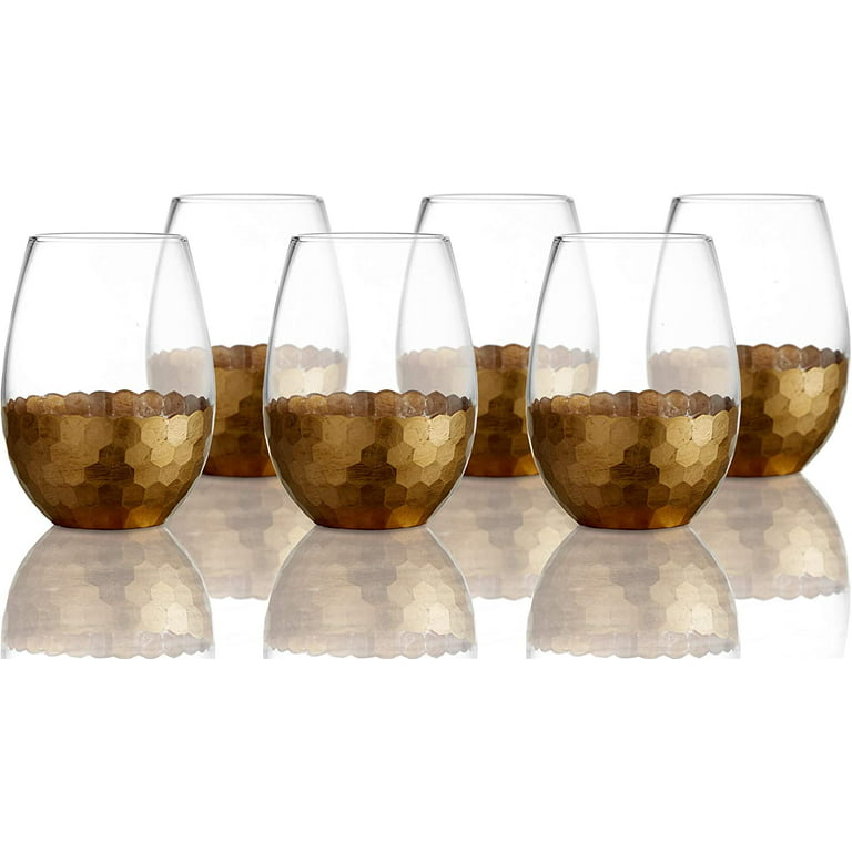 American Atelier Daphne Stemless Goblet Set of 6, Made of Glass Gold  Honeycomb Pattern, 18-Ounce Capacity, Smooth Rim Red Wine Glasses