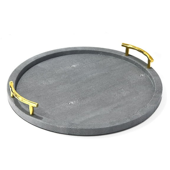 American Atelier, Gray Dots PU Leatherette Round Serving Tray with Gold Handles, 17.32x1.14"
