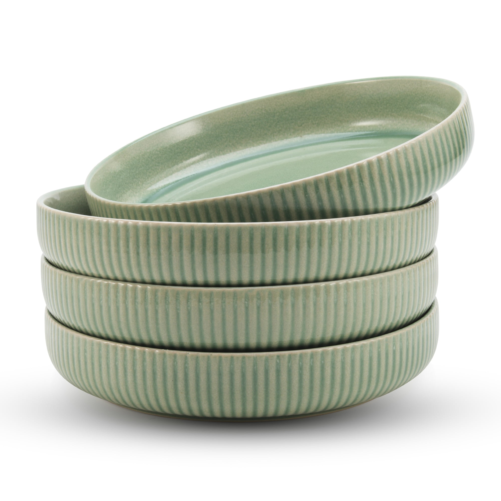 American Atelier Large Pasta Bowls Set of 4-40 oz, Microwave and Dishwasher Safe, Wide Shallow Stoneware Salad Bowl Set, Plates for Serving Dinner, Kitchen and Eating, Sage Green
