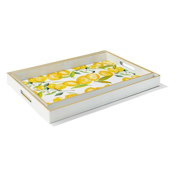 American Atelier, Lemon Branches Polypropylene Rectangular Serving Tray with Handles, Set of 2