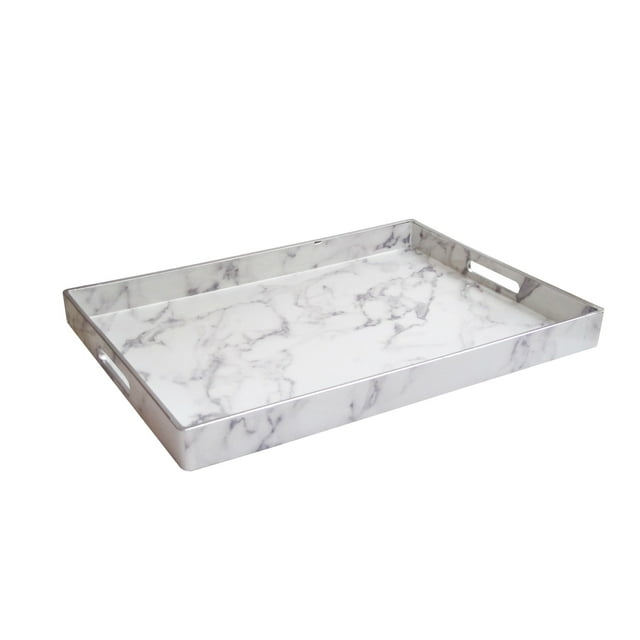 American Atelier, Marble White Gray, Rectangular, Polypropylene Serving Tray with Handles, 14X19"