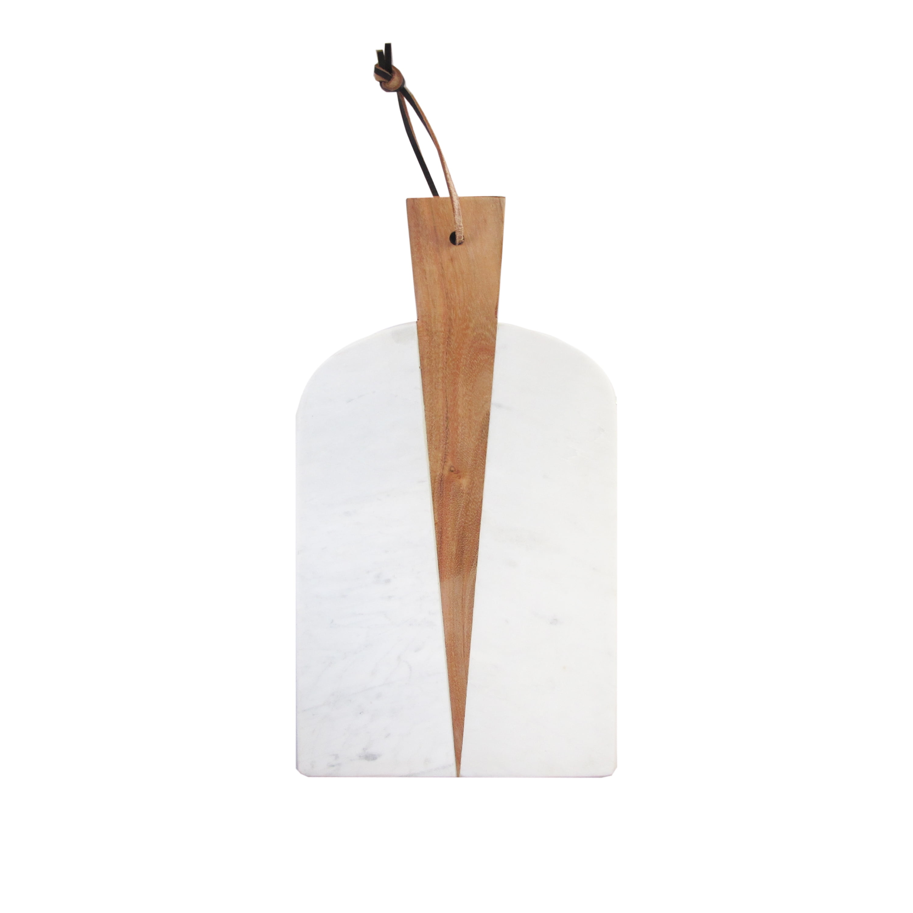 White Marble and Wood Paddle Cutting Board with Leather Strap