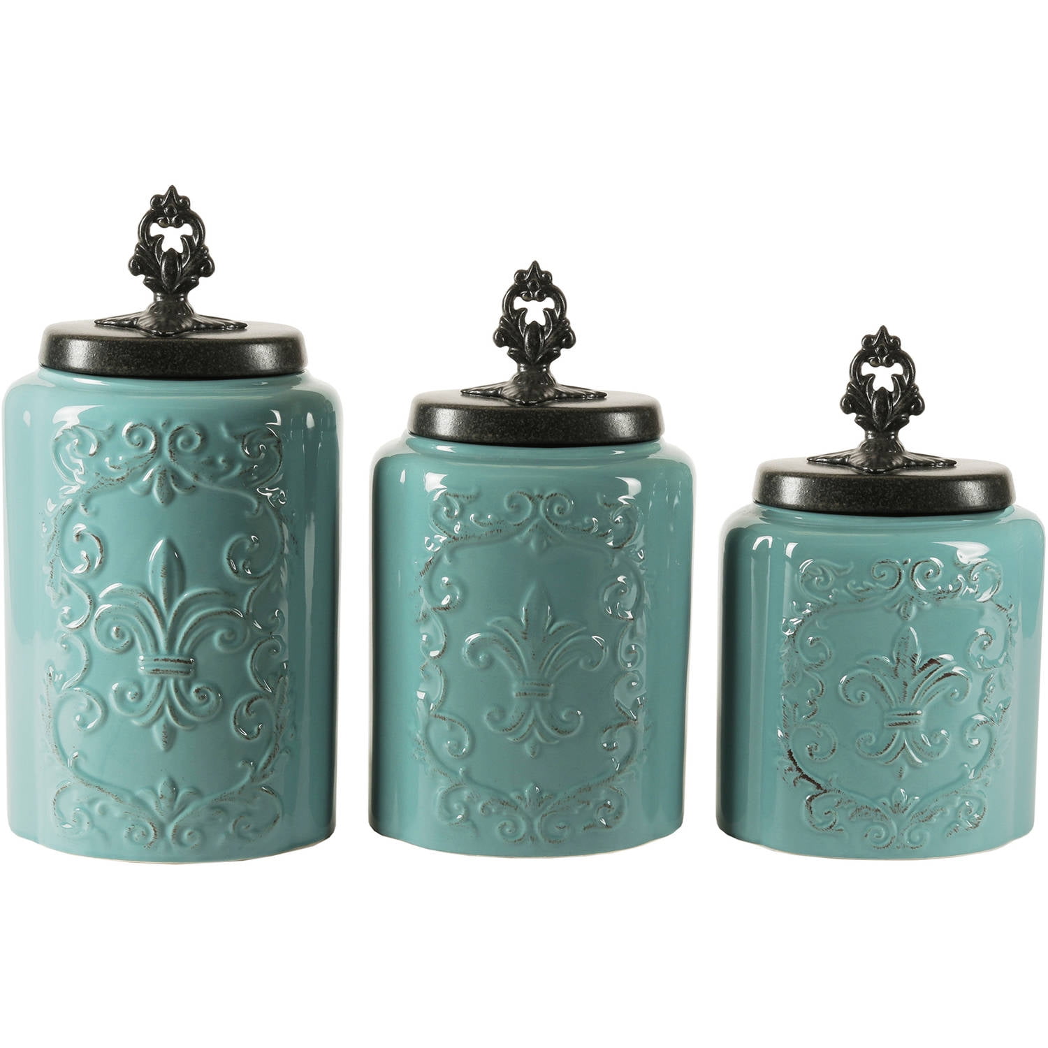 Elegant Blue Antique Ceramic Kitchen Canister 3-Piece Set