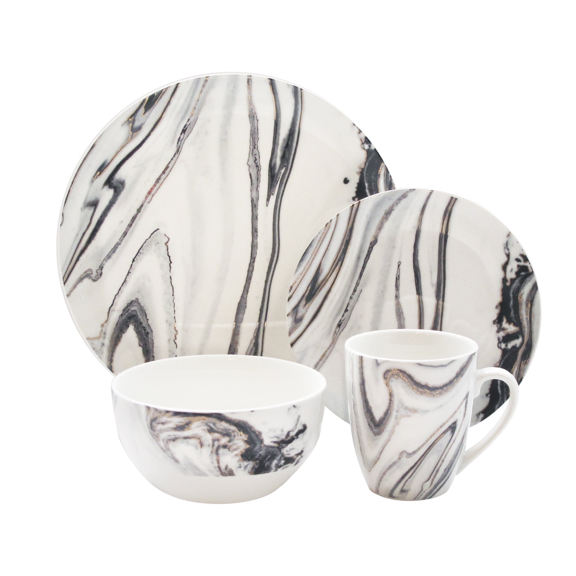 16-Piece White and Gray Marble Porcelain Dinnerware Set