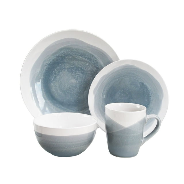 American Atelier, Round, Oasis Blue Gray Brushstroke Stoneware Dinnerware Set, 16-Piece