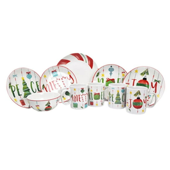 American Atelier, Round, Peppermint Ornaments White Porcelain Dinnerware Set, 16-Piece