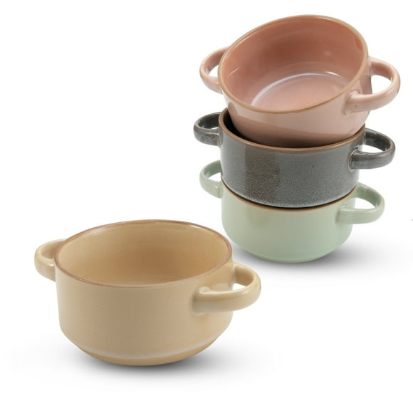 American Atelier Soup Bowls with Handles, Set of 4 16-Oz Glazed French Onion Soup Bowl, Stackable Serving Bowls for Stew, Pasta, Chili, Stoneware, Dishwasher & Oven Safe, Assorted Colors