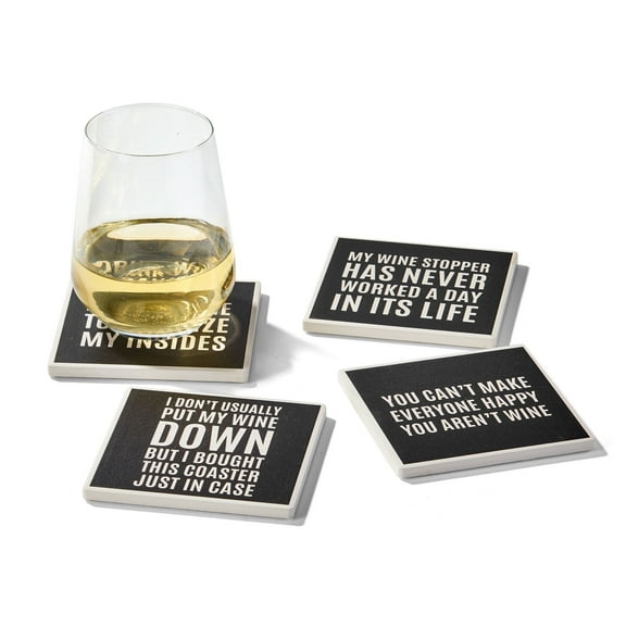 American Atelier, Square Black Ceramic Absorbent Drink Coasters (Cocktail Hour Sentiments), Set of 4