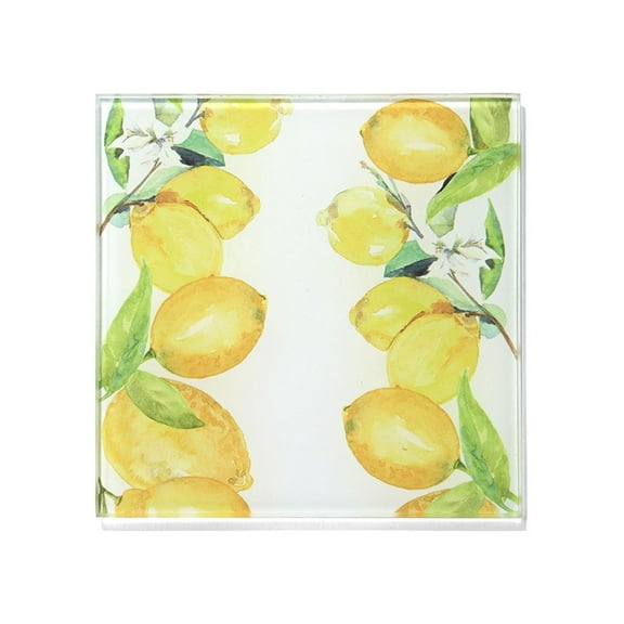 LEMON BRANCHES SET OF 4 GLASS COASTERS 4 X 4" pvc/ribbon/tag