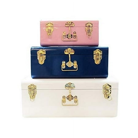 product image of American Atelier Trunks, Set of 3, Pink, Blue, and White, Vintage Style Storage with Gold Finish Hardware