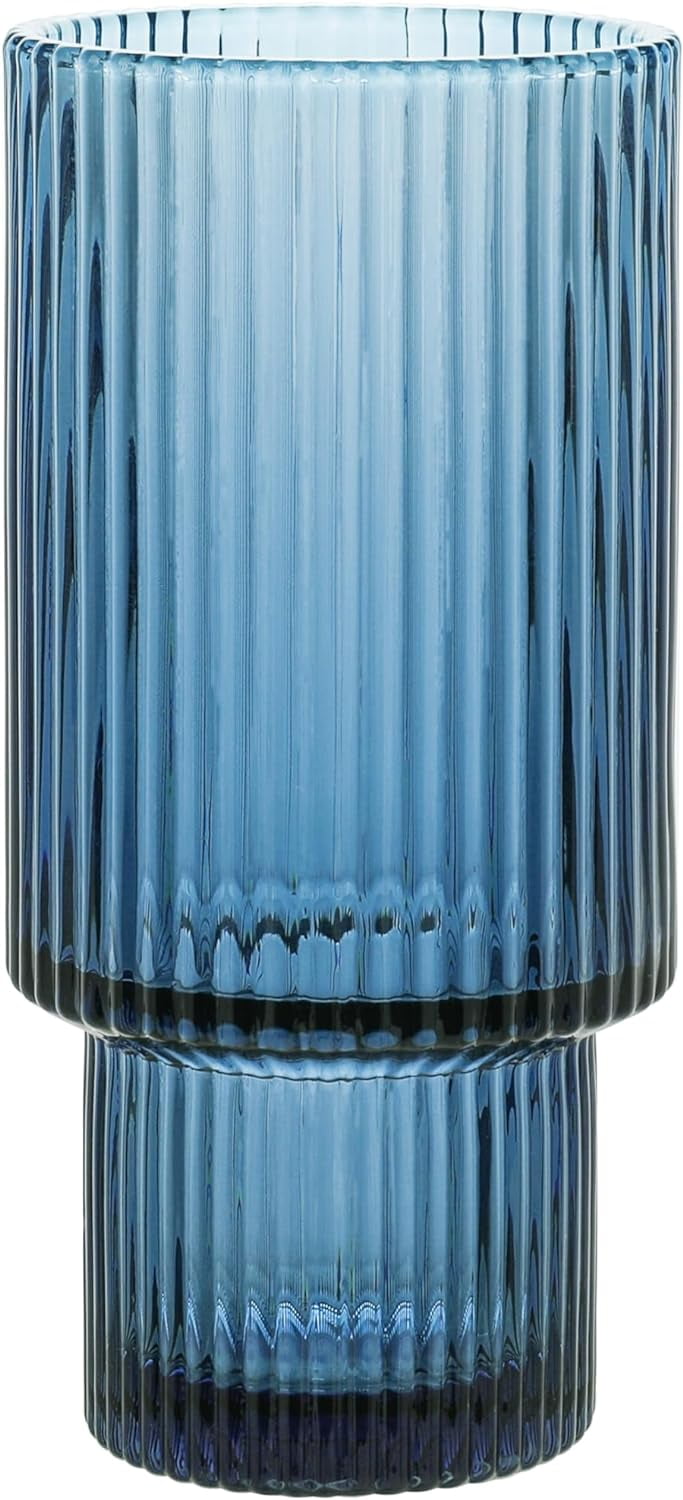 Blue Art Deco Fluted 11 oz. Ribbed Glasses Set of 4