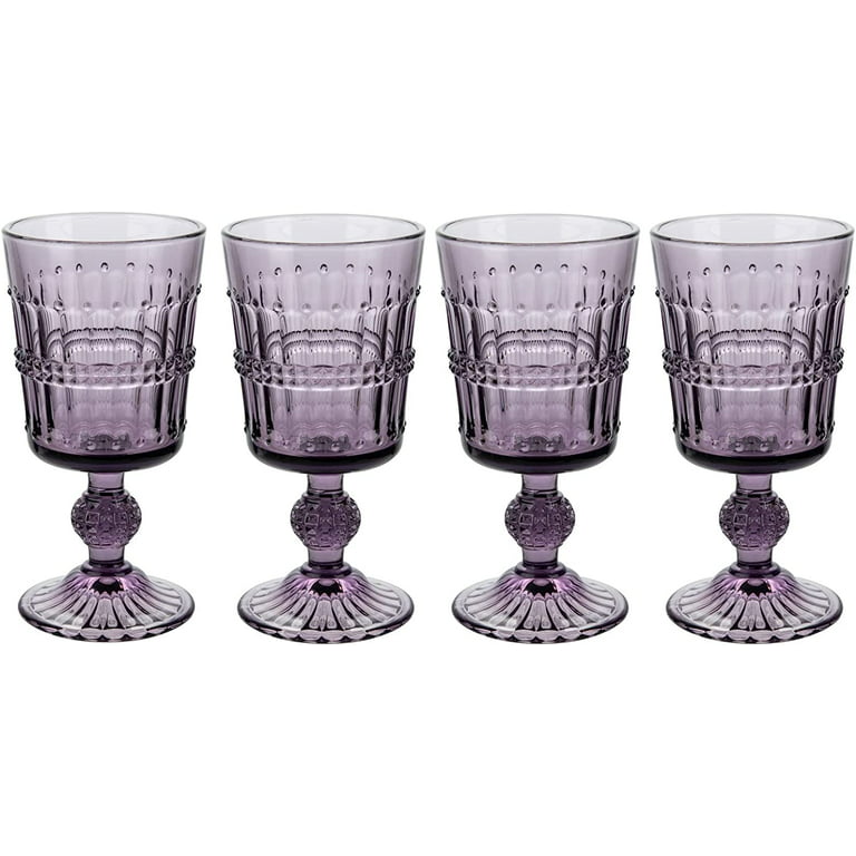 Joeyan Purple Vintage Wine Glasses,Clear Water Goblet Glasses with Embossed  Serpentine Pattern,Stemmed Colored Glassware Set for Wedding Party Banquet