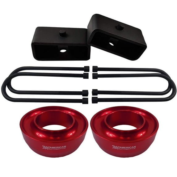 American Automotive fits 2003-2011 Ram 2500 3500 Full Lift Kit 2WD 3" Red Billet Front Spring Spacers + 2" Rear Blocks "Road Fury" Series for 3.5" Wide Axles Only