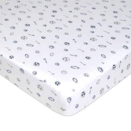 American Baby Company 100% Natural Cotton Fitted Pack and Play Sheet 39" x 27" - Soft & Breathable Pack N Play Sheet for Playpen, Playard & Mini Crib Mattress, Navy/Grey Sports, for Boys & Girls