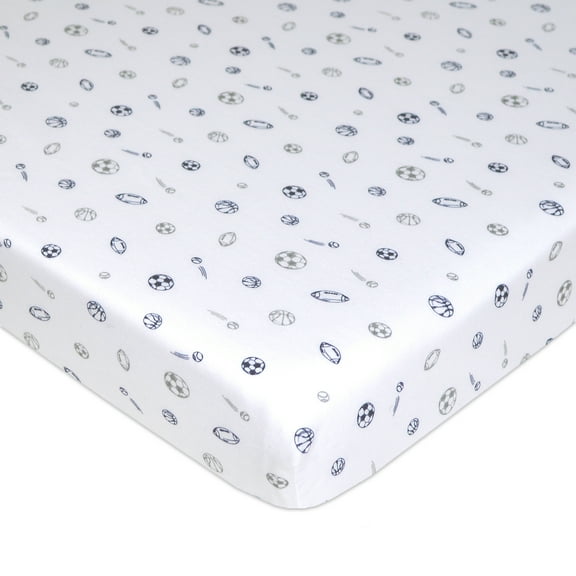 American Baby Company 100% Natural Cotton Fitted Pack and Play Sheet 39" x 27" - Soft & Breathable Pack N Play Sheet for Playpen, Playard & Mini Crib Mattress, Navy/Grey Sports, for Boys & Girls