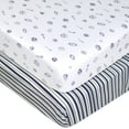 thumbnail image 1 of American Baby Company 2 Pack 100% Natural Cotton Fitted Pack and Play Sheets 39" x 27" - Soft & Breathable Pack N Play Sheets for Playard & Mini Crib Mattress, Navy/Grey Sport Stripes, for Boy & Girl, 1 of 6