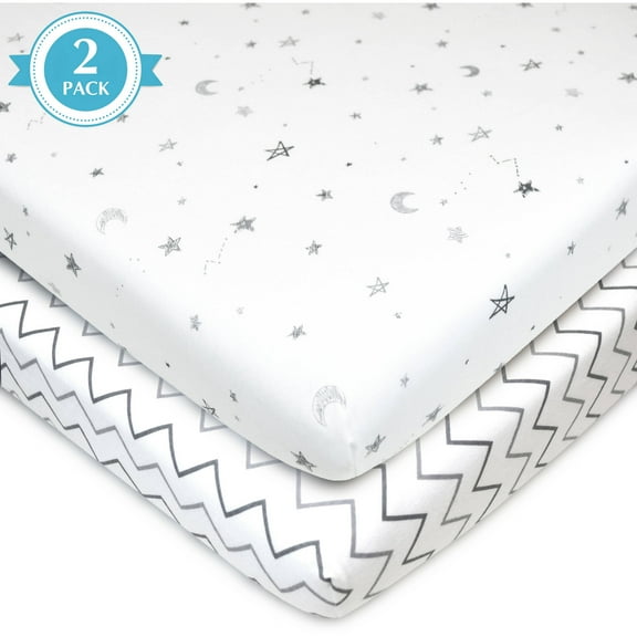 American Baby Company 2 Pack 100% Natural Cotton Fitted Pack and Play Sheets 39" x 27" - Soft & Breathable Pack N Play Sheets for Playard & Mini Crib Mattress, Grey Stars/Zigzag, for Boys & Girls