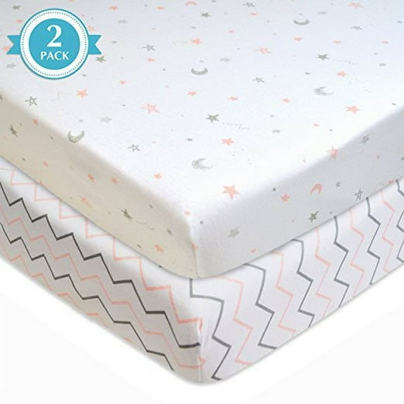 American Baby Company 2 Pack 100% Natural Cotton Fitted Pack and Play Sheets 39" x 27" - Soft & Breathable Pack N Play Sheets for Playard & Mini Crib Mattress, Pink Stars/Zigzag, for Boys & Girls