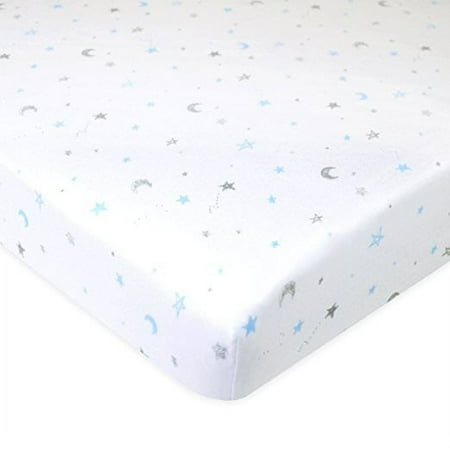 American Baby Company 100% Natural Cotton Fitted Pack and Play Sheet 39" x 27" - Soft & Breathable Pack N Play Sheet for Playpen, Playard & Mini Crib Mattress, Blue Stars and Moons, for Boys & Girls