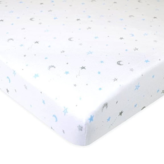 American Baby Company 100% Natural Cotton Fitted Pack and Play Sheet 39" x 27" - Soft & Breathable Pack N Play Sheet for Playpen, Playard & Mini Crib Mattress, Blue Stars and Moons, for Boys & Girls