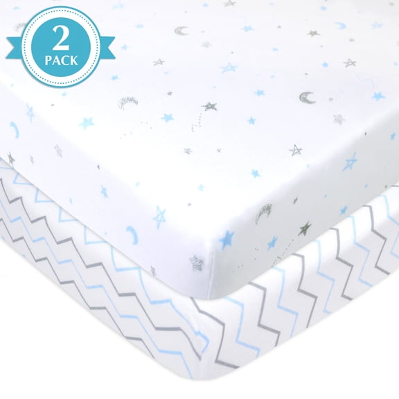 American Baby Company 2 Pack 100% Natural Cotton Fitted Pack and Play Sheets 39" x 27" - Soft & Breathable Pack N Play Sheets for Playard & Mini Crib Mattress, Blue Stars/Zigzag, for Boys & Girls