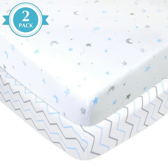 American Baby Company 2 Pack 100% Natural Cotton Fitted Pack and Play Sheets 39" x 27" - Soft & Breathable Pack N Play Sheets for Playard & Mini Crib Mattress, Blue Stars/Zigzag, for Boys & Girls