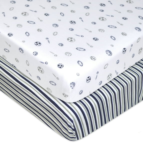 American Baby Company 2 Pack 100% Natural Cotton Fitted Mini Crib Sheets 38" x 24" - Soft Breathable Small Nesting Portable Sheets, Fits Pack N Play Mattress, Navy/Gray Stripes/Sports, for Boy & Girl