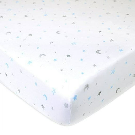 American Baby Company 100% Natural Cotton Fitted Crib Sheet 52" x 28" - Soft, Breathable, Hypoallergenic & Gentle Toddler Bed Sheet, Blue Stars and Moons, Neutral for Boys & Girls