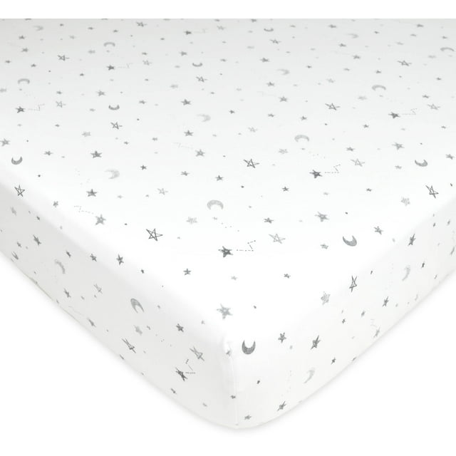 American Baby Company Printed 100% Cotton Jersey Knit Fitted Crib Sheet for Standard Crib and Toddler Mattresses, Grey Stars and Moon, for Boys and Girls