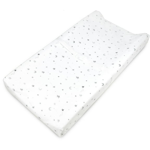 American Baby Company Printed 100% Cotton Knit Fitted Contoured Changing Table Pad Cover - Compatible with Mika Micky Bassinet, Gray Stars and Moons, for Boys and Girls