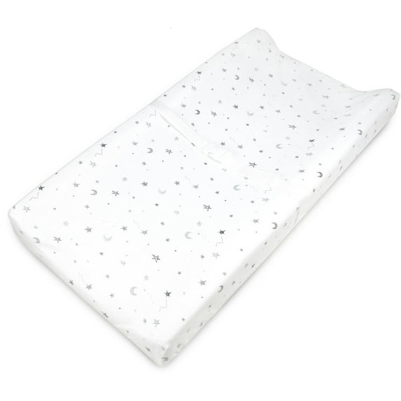 American Baby Company Printed 100% Cotton Knit Fitted Contoured Changing Table Pad Cover - Compatible with Mika Micky Bassinet, Gray Stars and Moons, for Boys and Girls