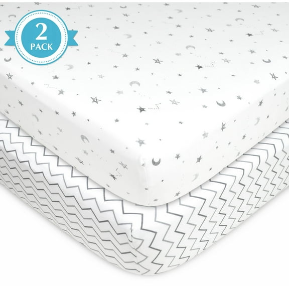 American Baby Company 2 Pack 100% Natural Cotton Fitted Crib Sheets 52" x 28" - Soft, Breathable, Hypoallergenic & Gentle Toddler Bed Sheets, Grey Stars and Zig Zag, Neutral for Boys & Girls