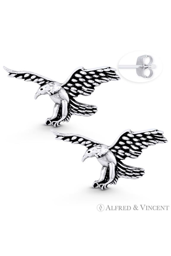 American Bald Eagle Animal Charm 10x18mm Stud Earrings in Oxidized .925 Sterling Silver