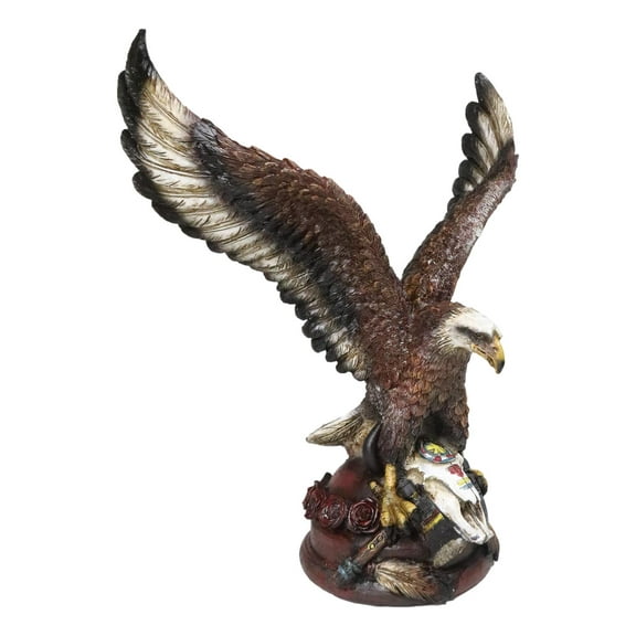 American Bald Eagle Perching On Bison Skull With Axe Feathers And Roses Figurine