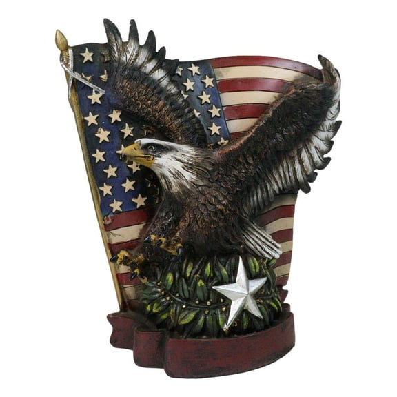 American Bald Eagle With Olive Branch Soaring by US Flag Desktop Figurine