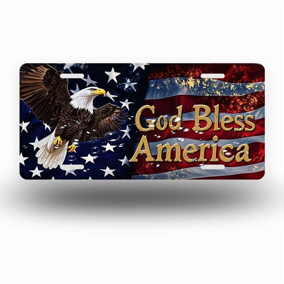 American Bald Eagle and "God Bless America" Flag Front License Plate, Funny Standard Plates Novelty for Decoration for Men/Women Car 6×12 Inch