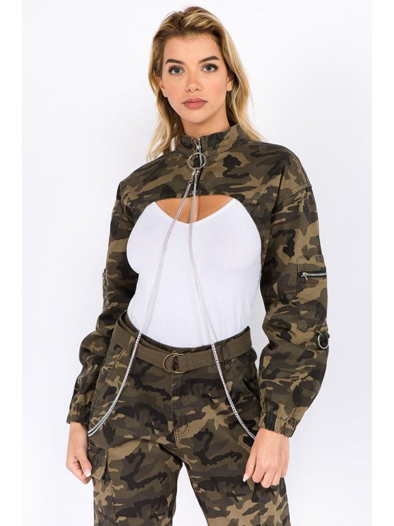 American Bazi Camouflage Cropped Jacket with Chains